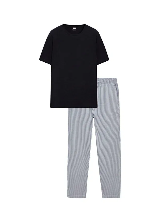 Пижамный комплект из хлопка Short sleeve pyjama top and striped trousers, Massimo Dutti, Dark blue, темно-синий