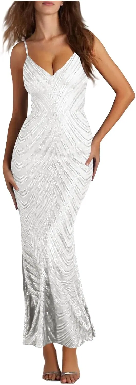 Женское коктейльное платье на тонких бретелях с пайетками White