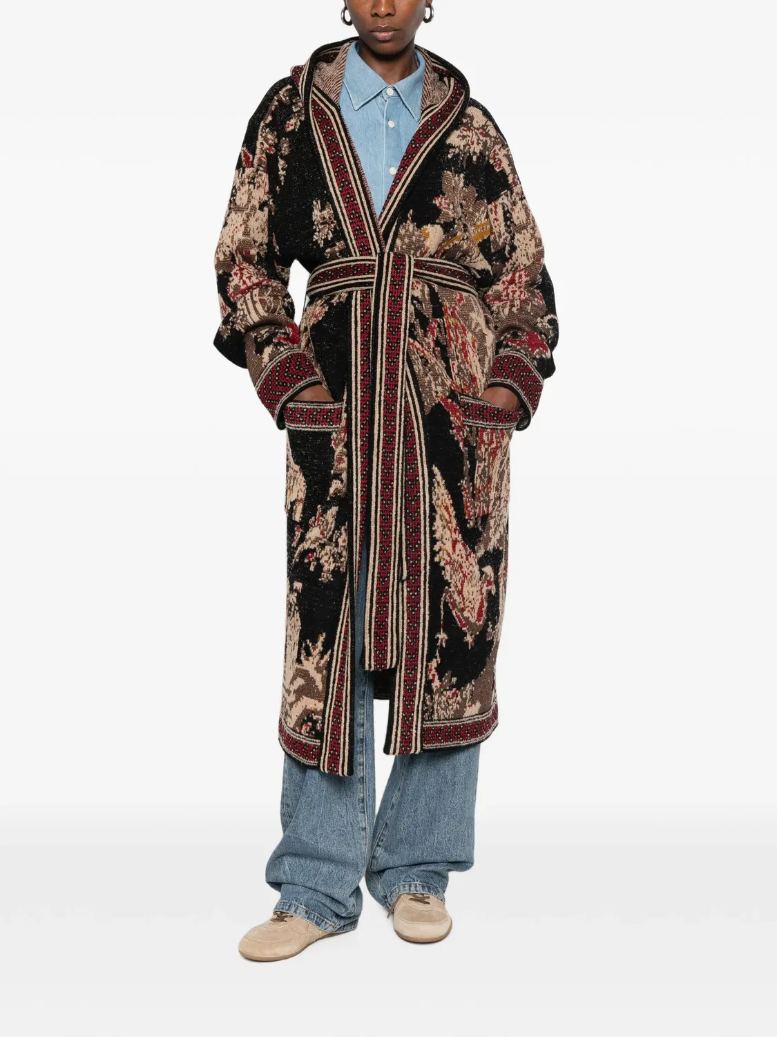Жаккардовый вязаный кардиган с поясом Etro, черный — фото 2