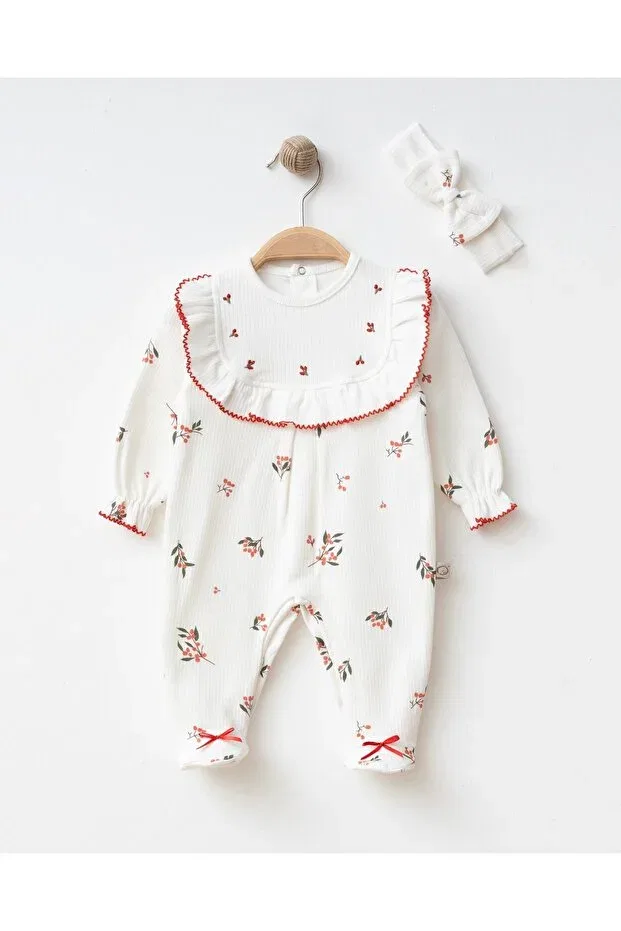Детский комбинезон для девочек с цветочным принтом Kokina Floral Organic Jumpsuit and Bandana Mert Baby, White — фото 2