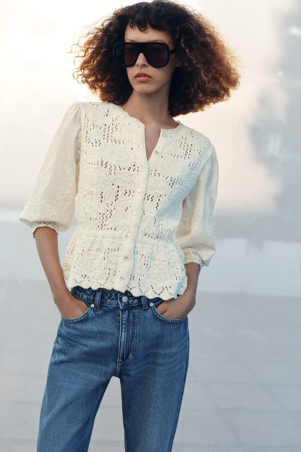 РОМАНТИЧЕСКИЙ КАРДИГАН ИЗ КОМБИНИРОВАННОЙ ВЯЗКИ ZARA, Ecru