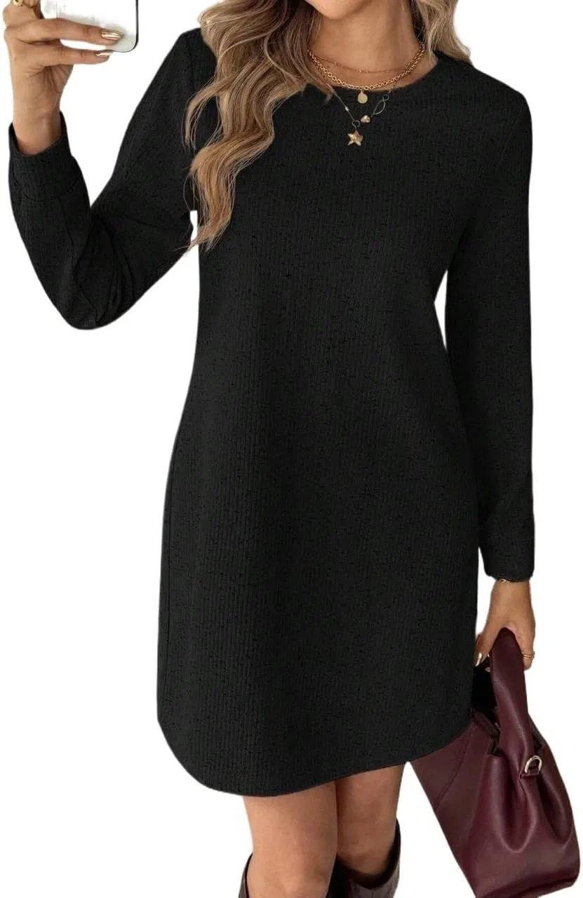 Женское мини-платье с длинным рукавом Ribbed, Black