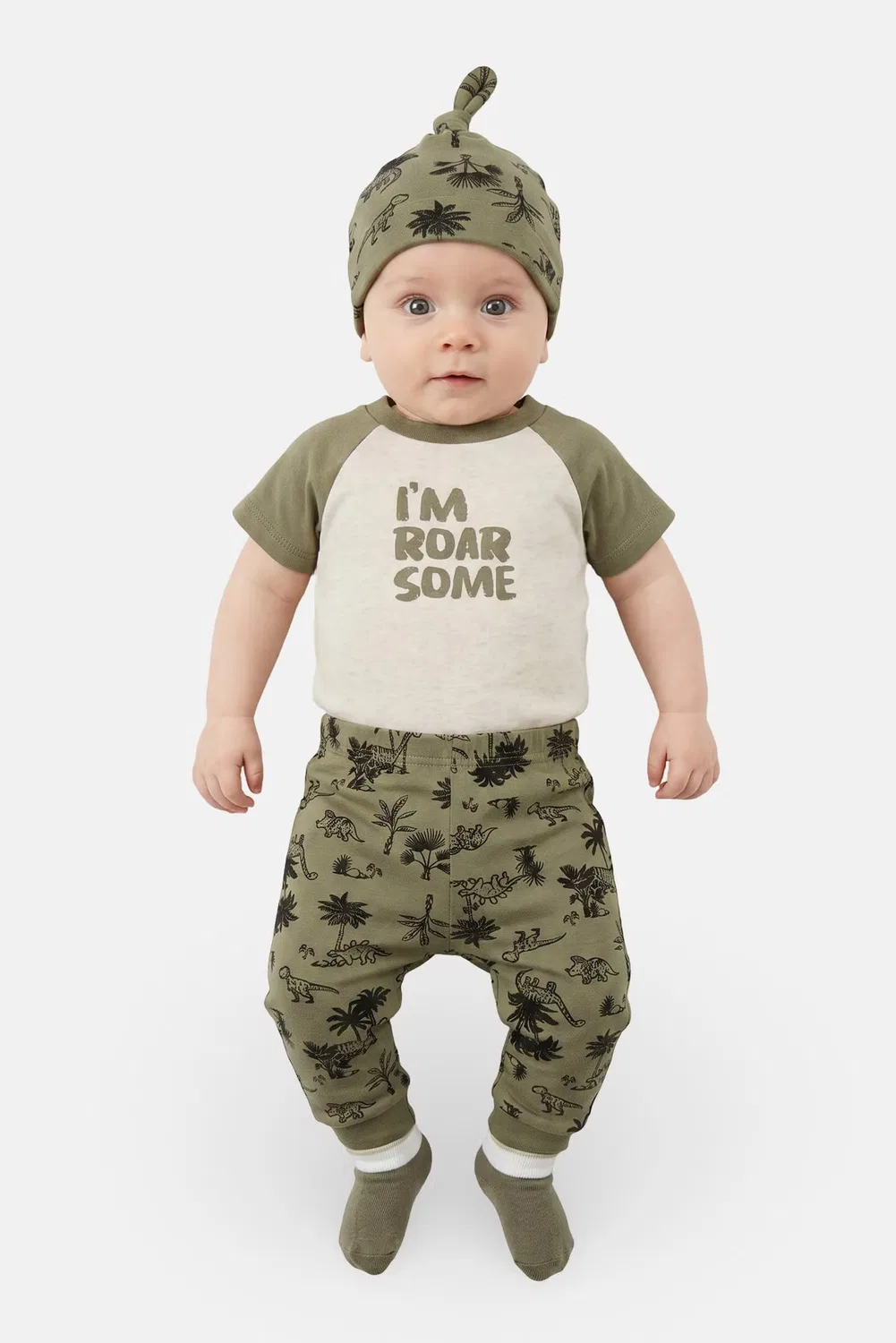 Комплект боди-комбинезон и штаны с принтом, шапка и носки Baby Essentials, разноцветный