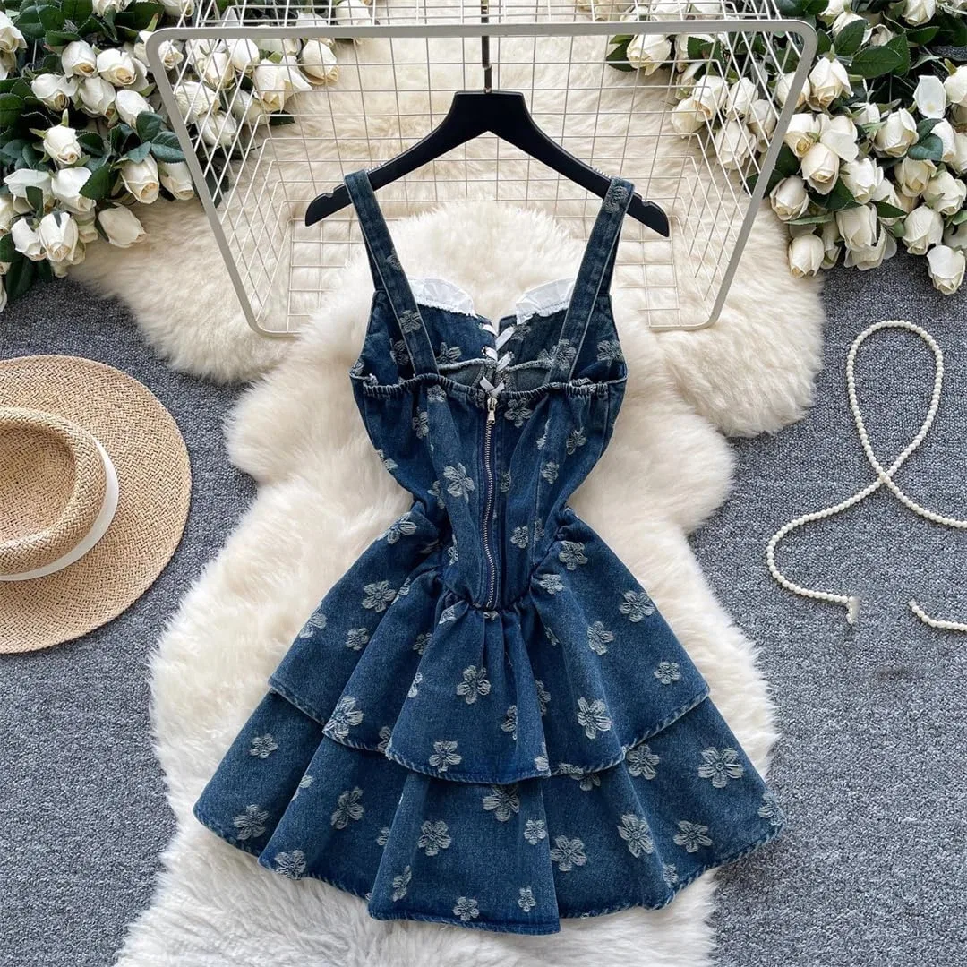 Женское мини-платье с цветочной вышивкой Spaghetti Straps, Blue — фото 3