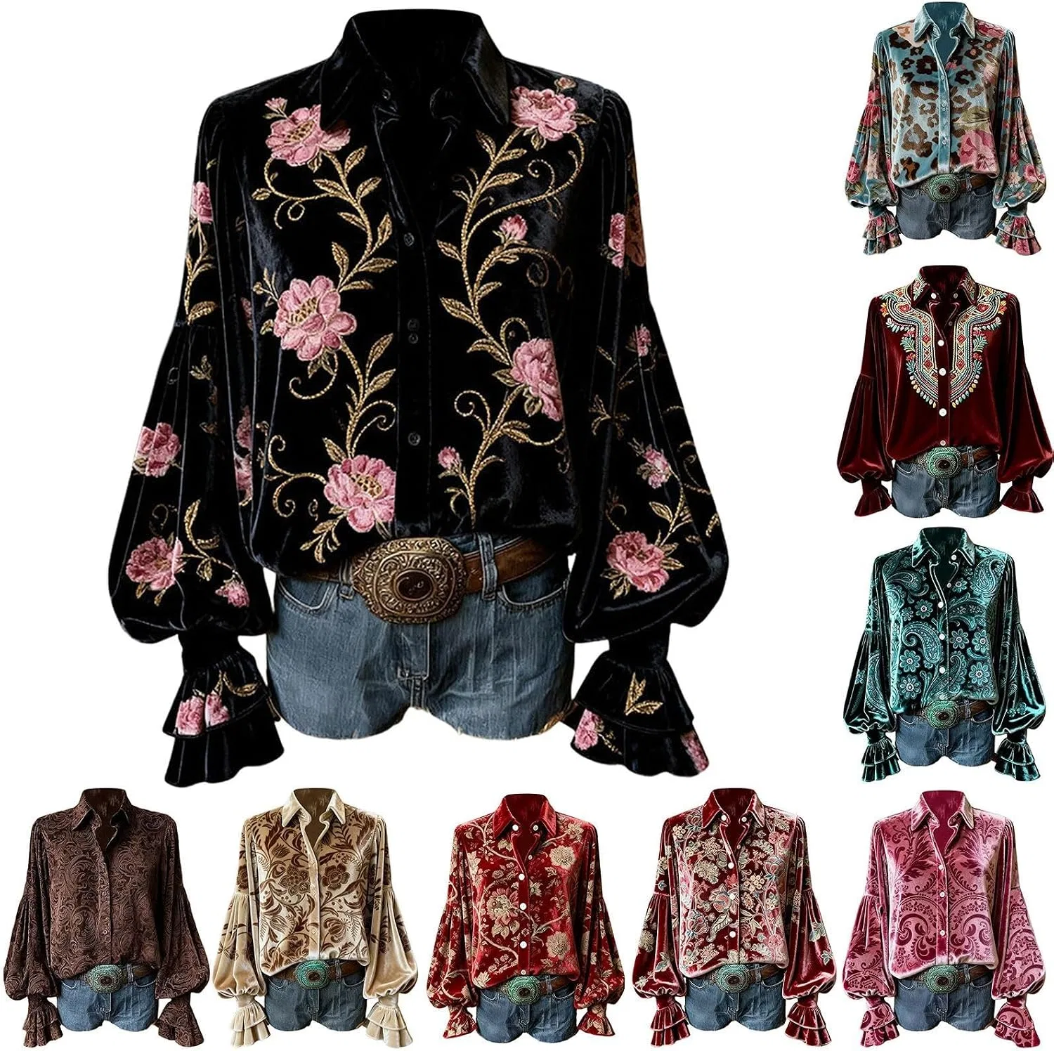 Женская блуза с цветочной вышивкой и рюшами, Vintage Flower Embroidery, чёрный
