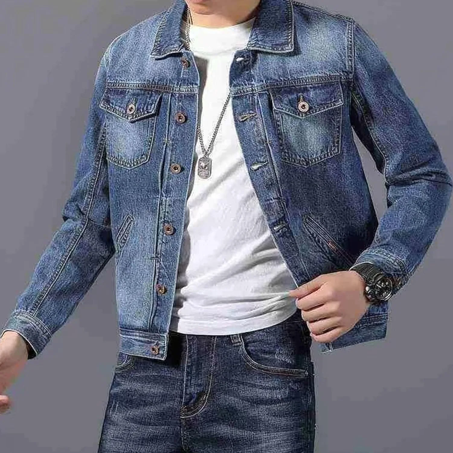 Мужская джинсовая куртка приталенного кроя из выстиранной ткани, классическая мужская джинсовая куртка на пуговицах, повседневная джинсовая куртка в стиле «тракер» Generic, темно-синий — фото 3