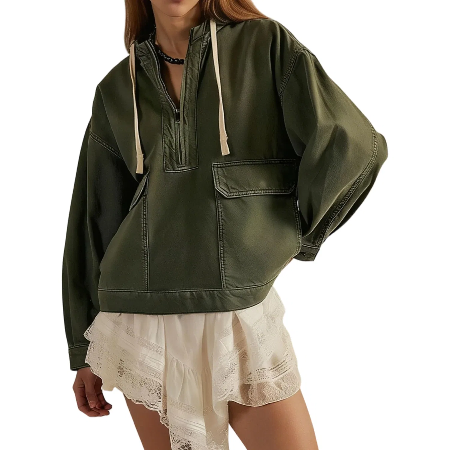 Женская джинсовая куртка oversize с полузамком и карманами, Verde militare