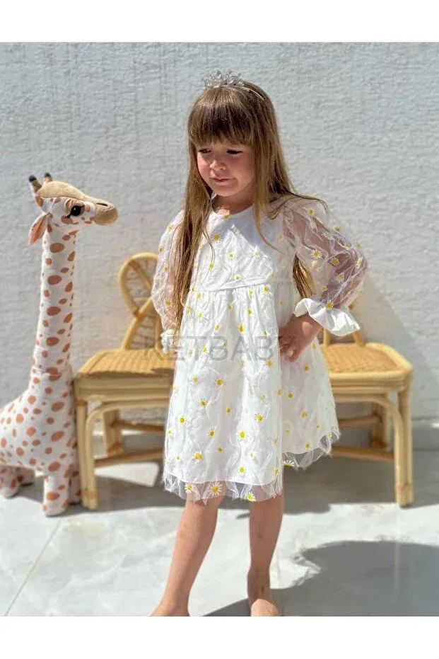 Детское платье для девочек с принтом Daisy Pattern Long Sleeve Ketbaby, White — фото 3