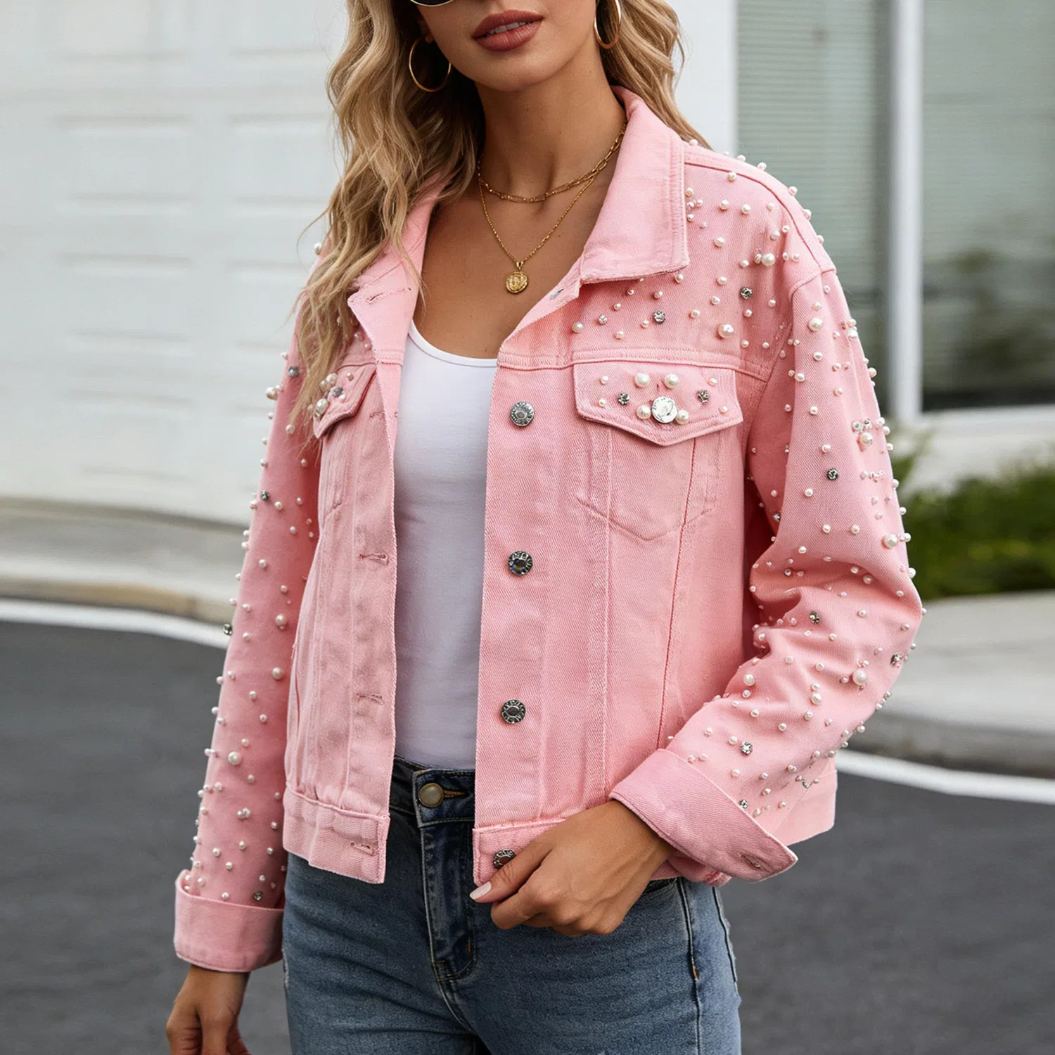 Женское джинсовое пальто с декором из страз Chrome Pearl Rhinestone, Rosa — фото 2