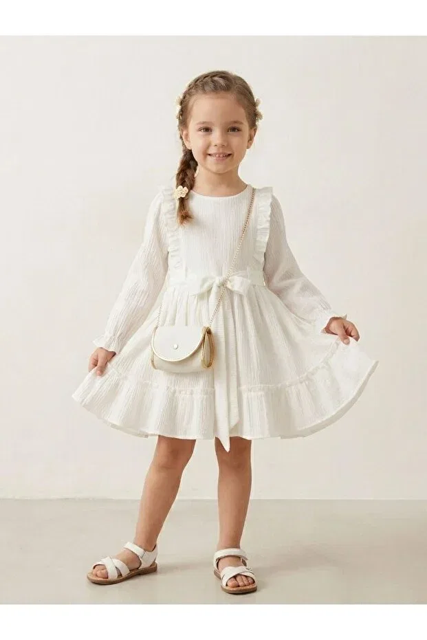 Детское платье для девочек с длинным рукавом Symmetrical Ruffle Dress Cherrys Bebek, White