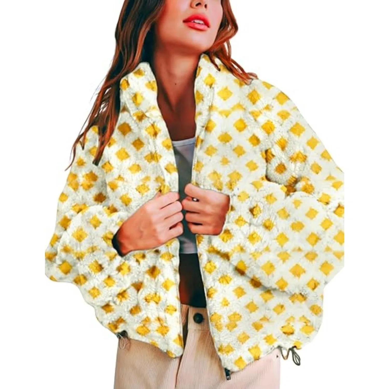Женское зимнее пальто в клетку с длинным рукавом, yellow