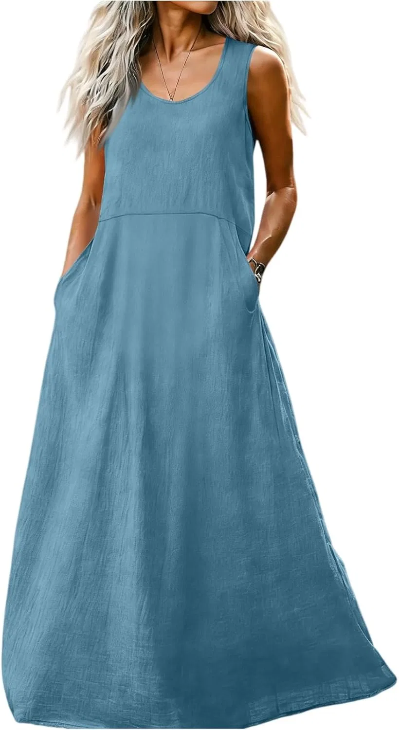 Женское летнее платье миди свободного кроя с карманами, Light Blue
