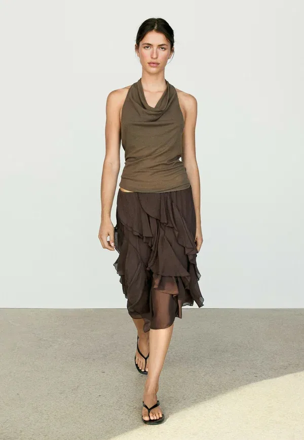 Юбка миди из вискозы Flowing ruffled midi skirt Massimo Dutti, темно-коричневый