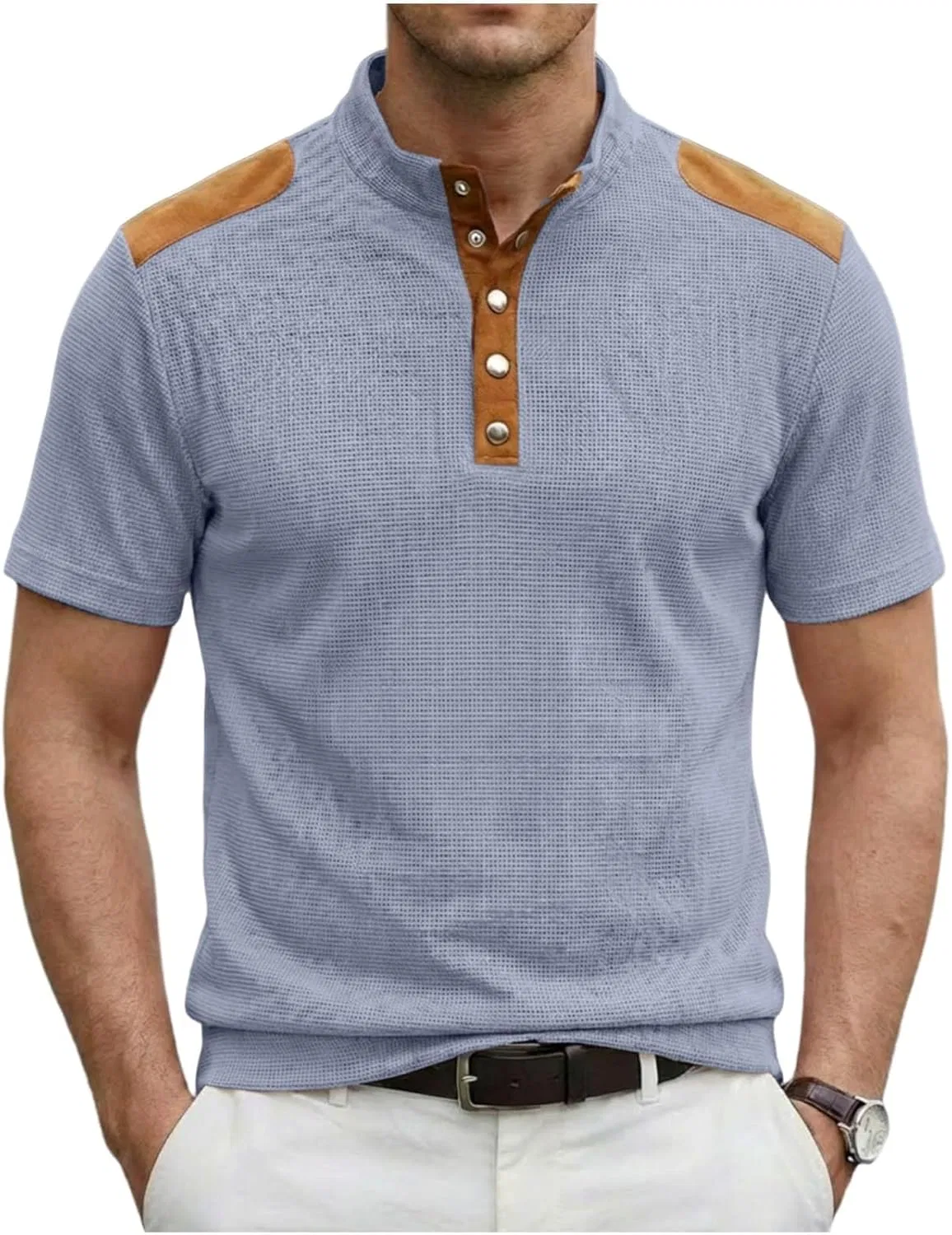 Мужская футболка с воротником-стойкой Henley из вафли Generic, Sky Blue