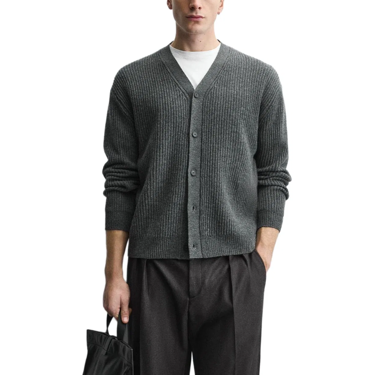 Мужской серый свитер с V-образным вырезом и длинным рукавом Cardigan, ZARA — фото 4