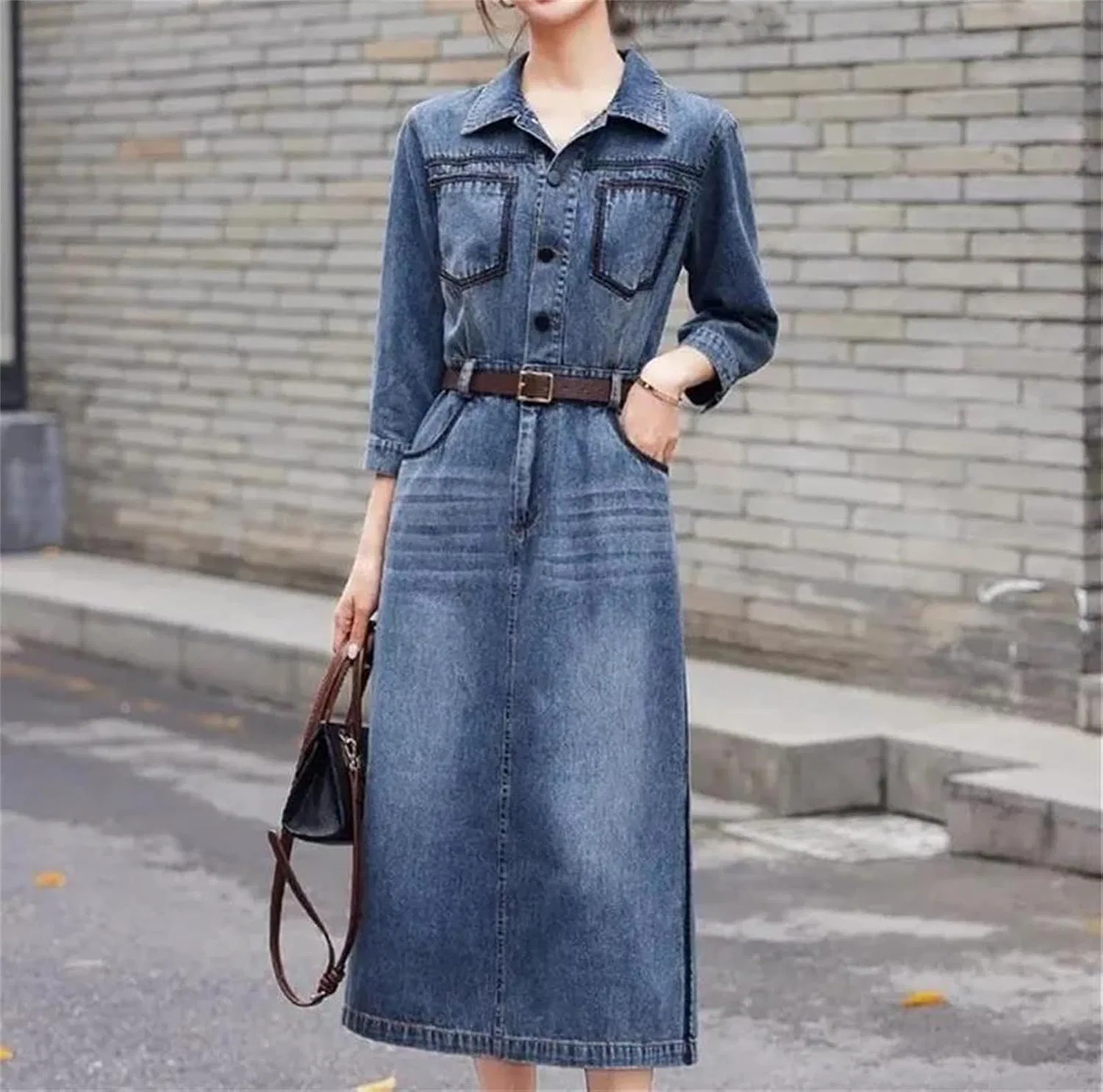 Женское джинсовое платье-рубашка с поясом Vintage, Blue — фото 2