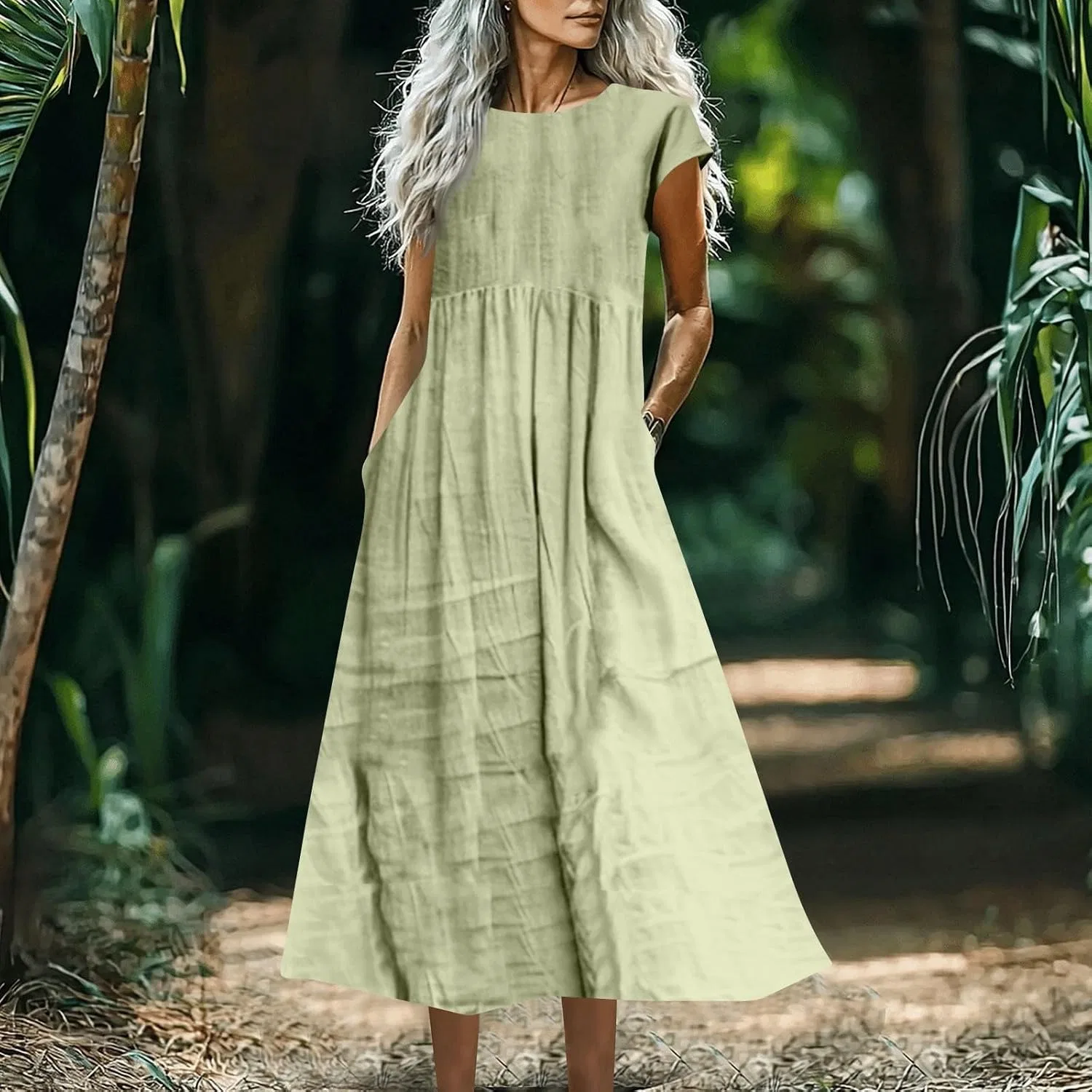 Женское повседневное платье миди из льна A-line, Light Green — фото 2