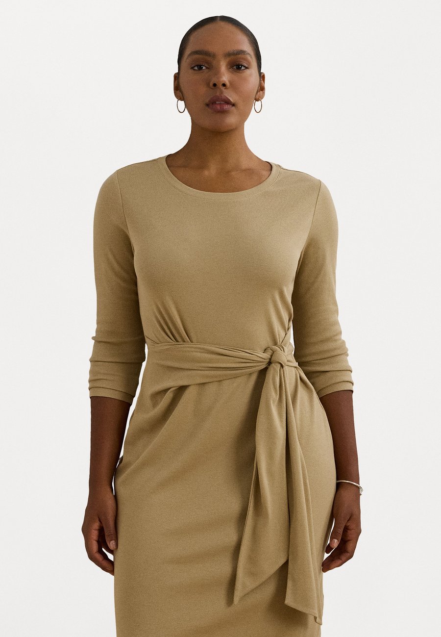 

Платье Lauren Ralph Lauren Woman TIE-FRONT COTTON-BLEND CREWNECK DRESS, Beige