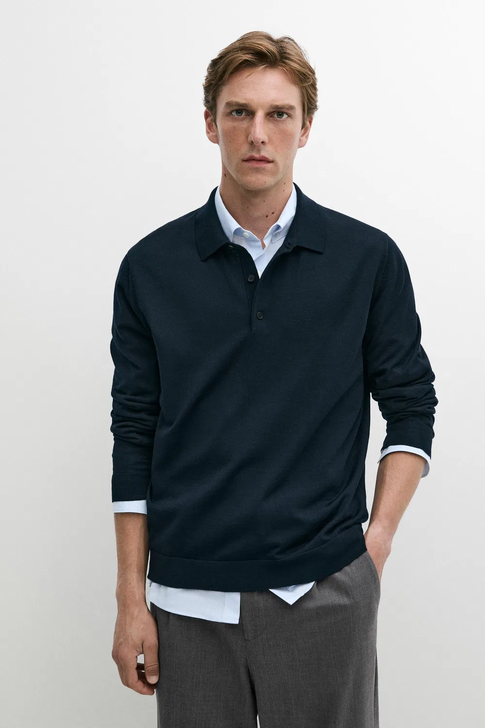 Поло-свитер Massimo Dutti 100% Merino Wool Knit, темно-синий