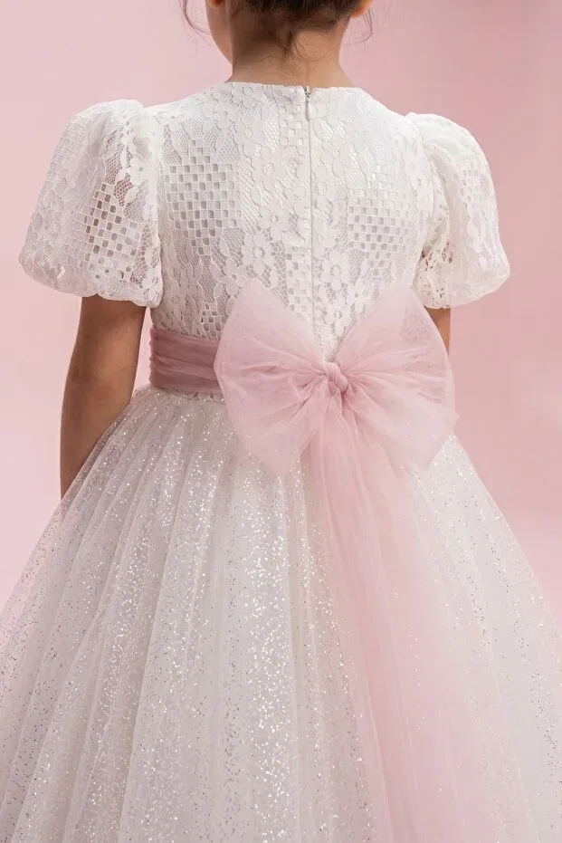 Детское платье для девочек с кружевным поясом Kelebek Peri, Off-White — фото 4