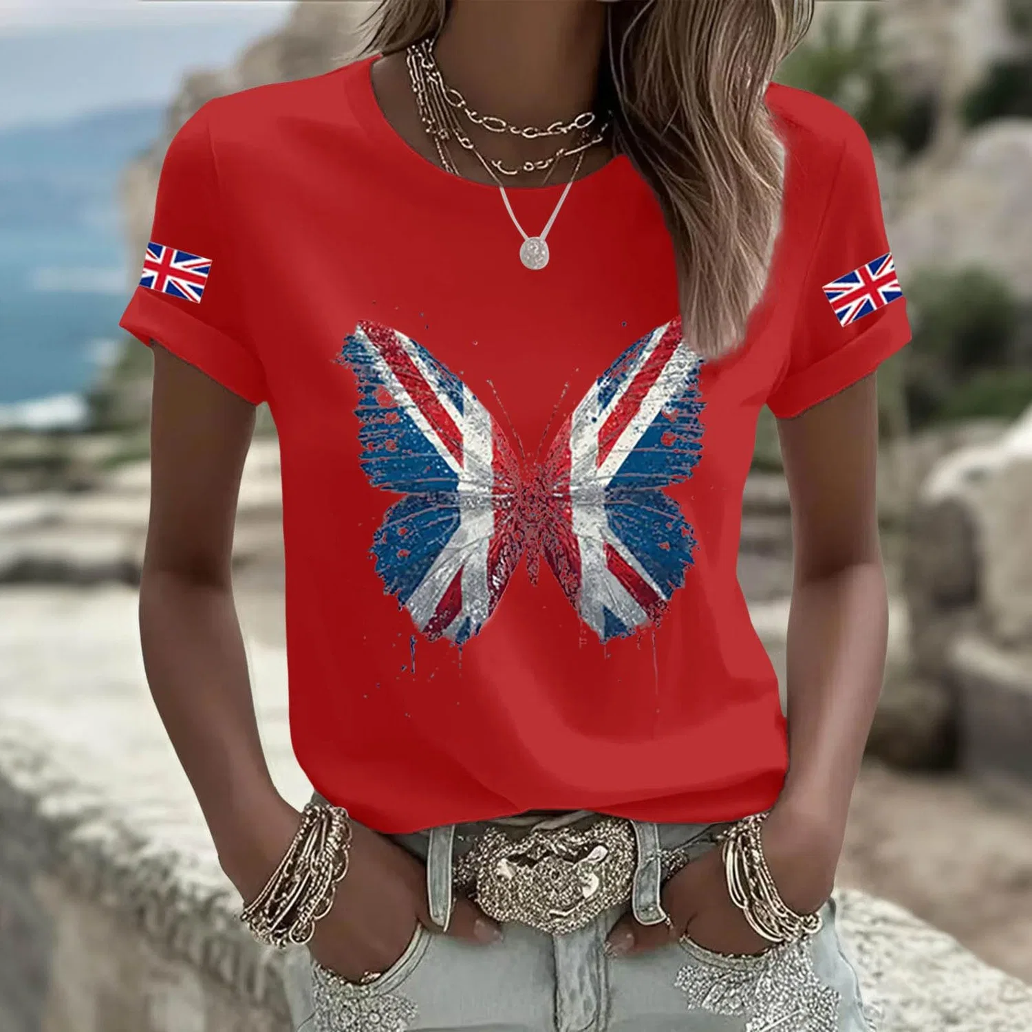 Женская футболка с принтом England Union Jack Flag, летняя, с коротким рукавом, Red 5 — фото 2