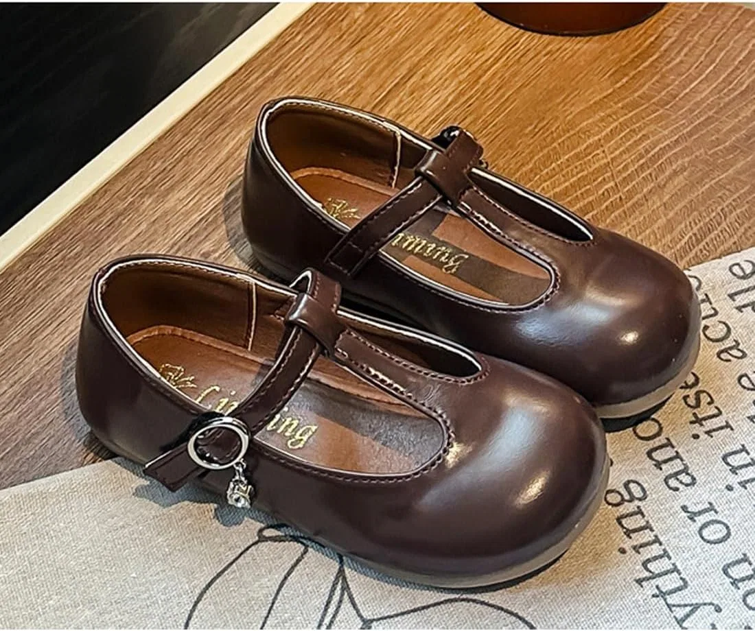 Детские туфли Мэри Джейн для девочек с ремешком T-Strap WPENGCAI, Brown — фото 2