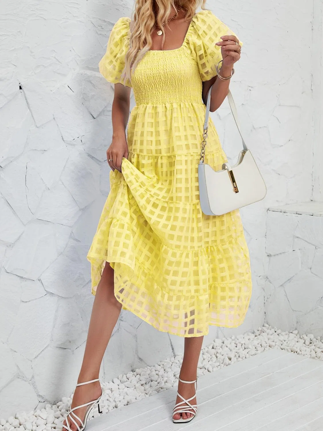 Женское офф-шeлдер макси платье с воланами Smocked, Light Yellow — фото 3