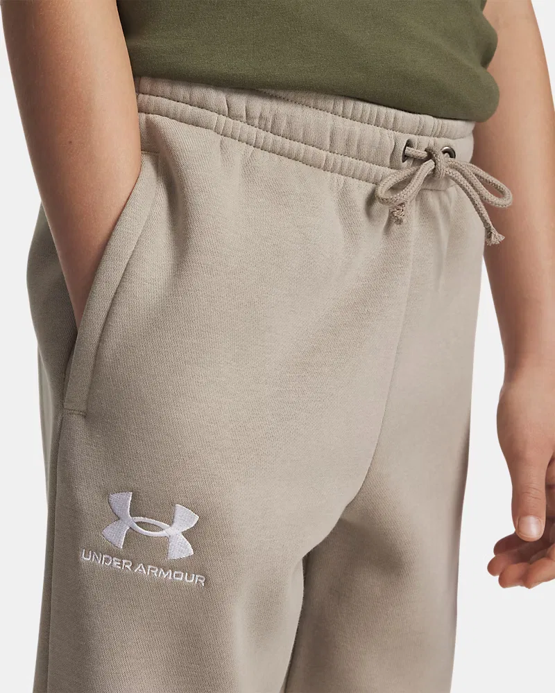Джоггеры для мальчиков с начесом, длина по внутреннему шву 65 см, UA Icon Fleece UnderArmour, Timberwolf Taupe/White — фото 4