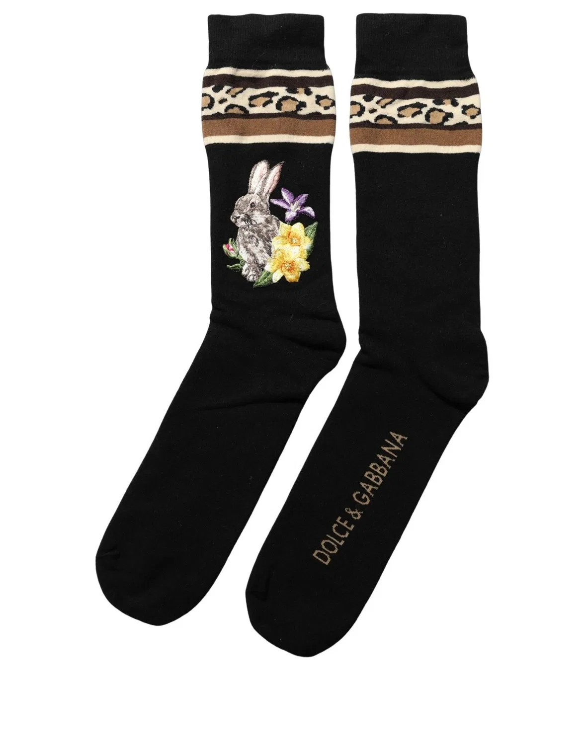 Женские носки с вышивкой Mid Calf Black Rabbit Floral Wool Dolce & Gabbana, Black — фото 4
