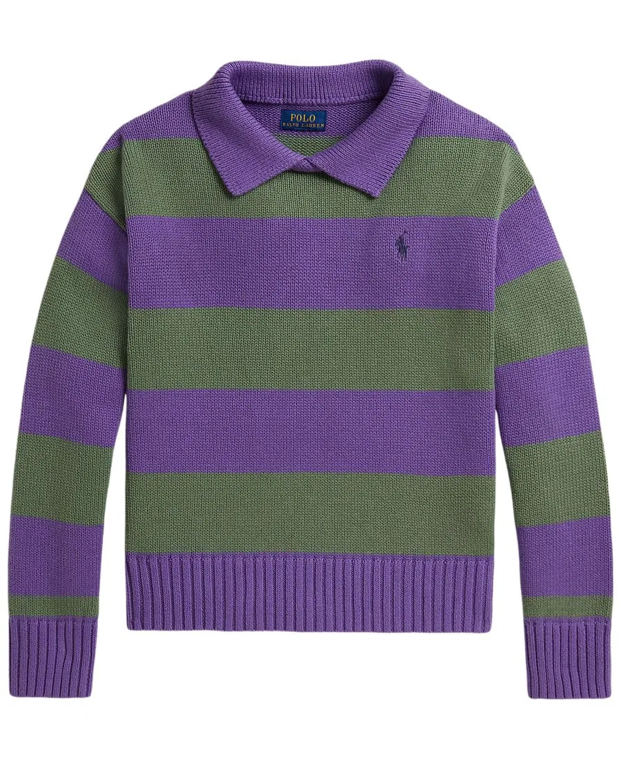 Детский свитер-поло с длинным рукавом и полосатой отделкой Polo Ralph Lauren, Purple Lilac Multi