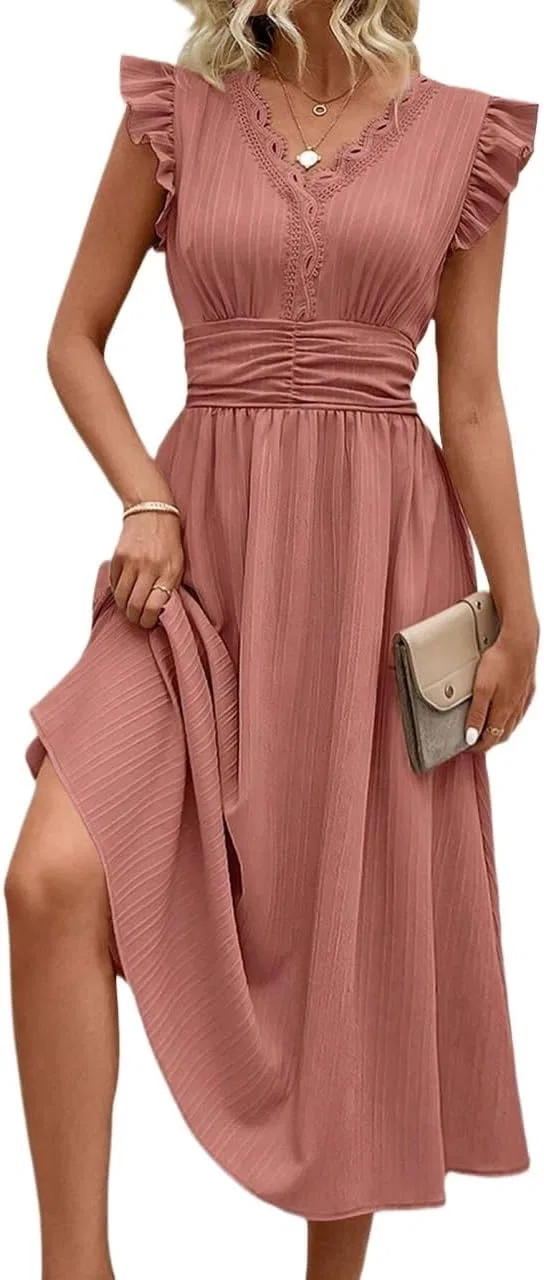 Женское A-line миди платье с рюшами Elegant Women's, Rusty Rose
