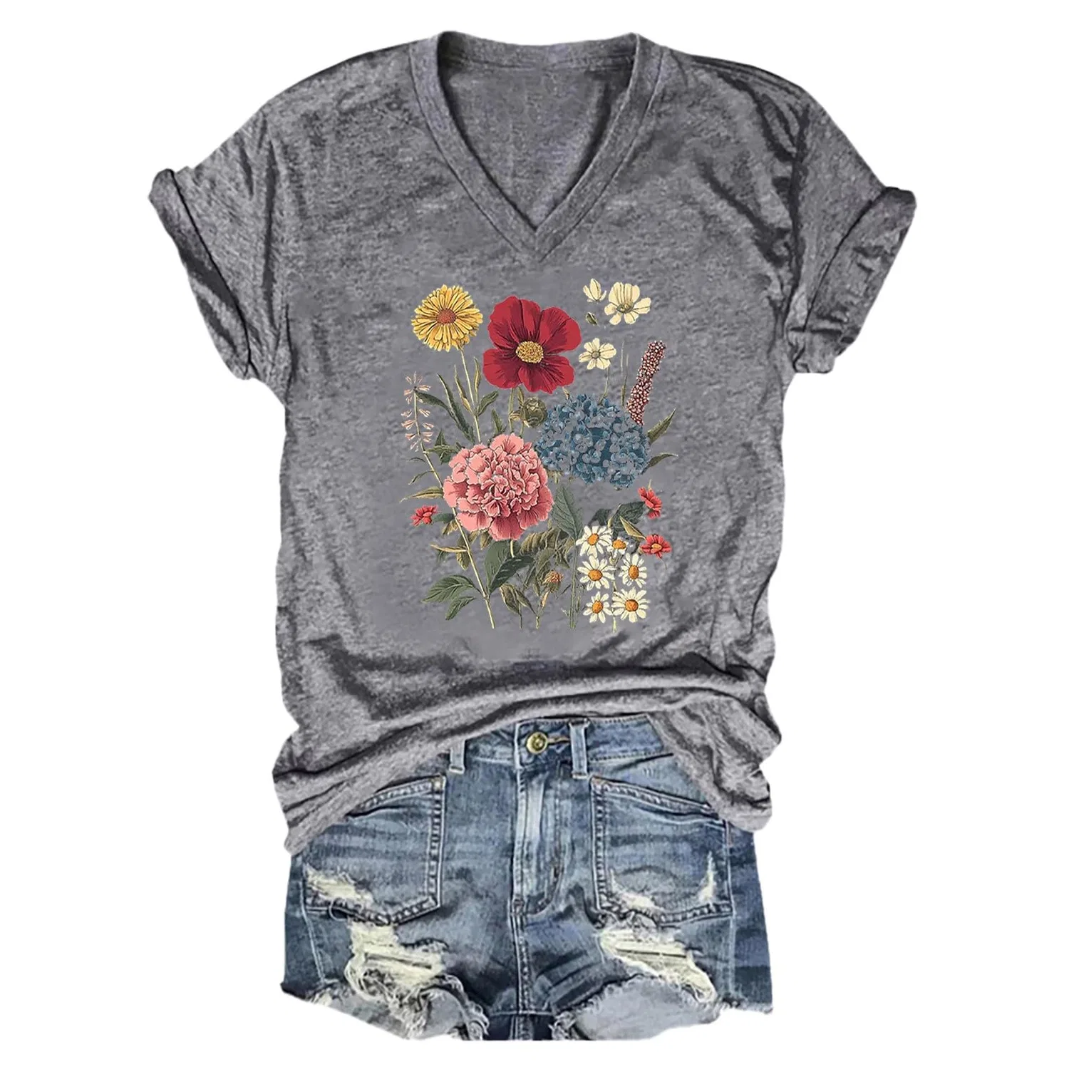 Женская футболка с принтом Vintage Boho Wild Flower, с V-образным вырезом и коротким рукавом, Grey