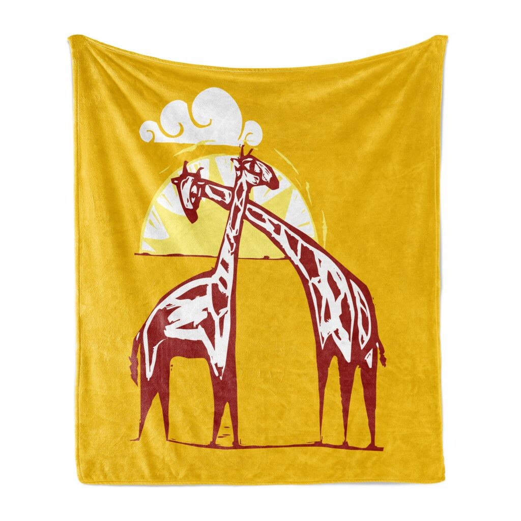 

Мягкое фланелевое флисовое одеяло ABAKUHAUS Giraffe, эндемичные животные, солнечные облака, уютный плюш для использования в помещении и на улице, 125 x 175 см, земляно-желтый и рубиновый
