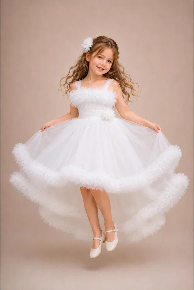 Детское платье для девочек с открытыми плечами Princess Tail Dream Tulle Atlas Kids, White