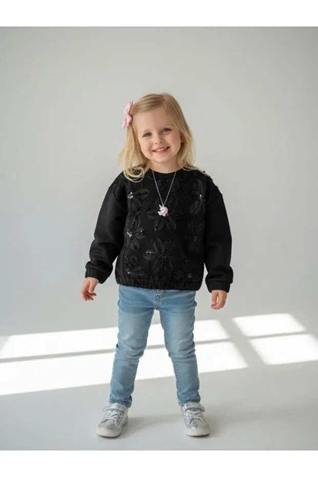 Детские свитшот для девочек с принтом Girl's flower embroidered design Zekids, Черный — фото 3