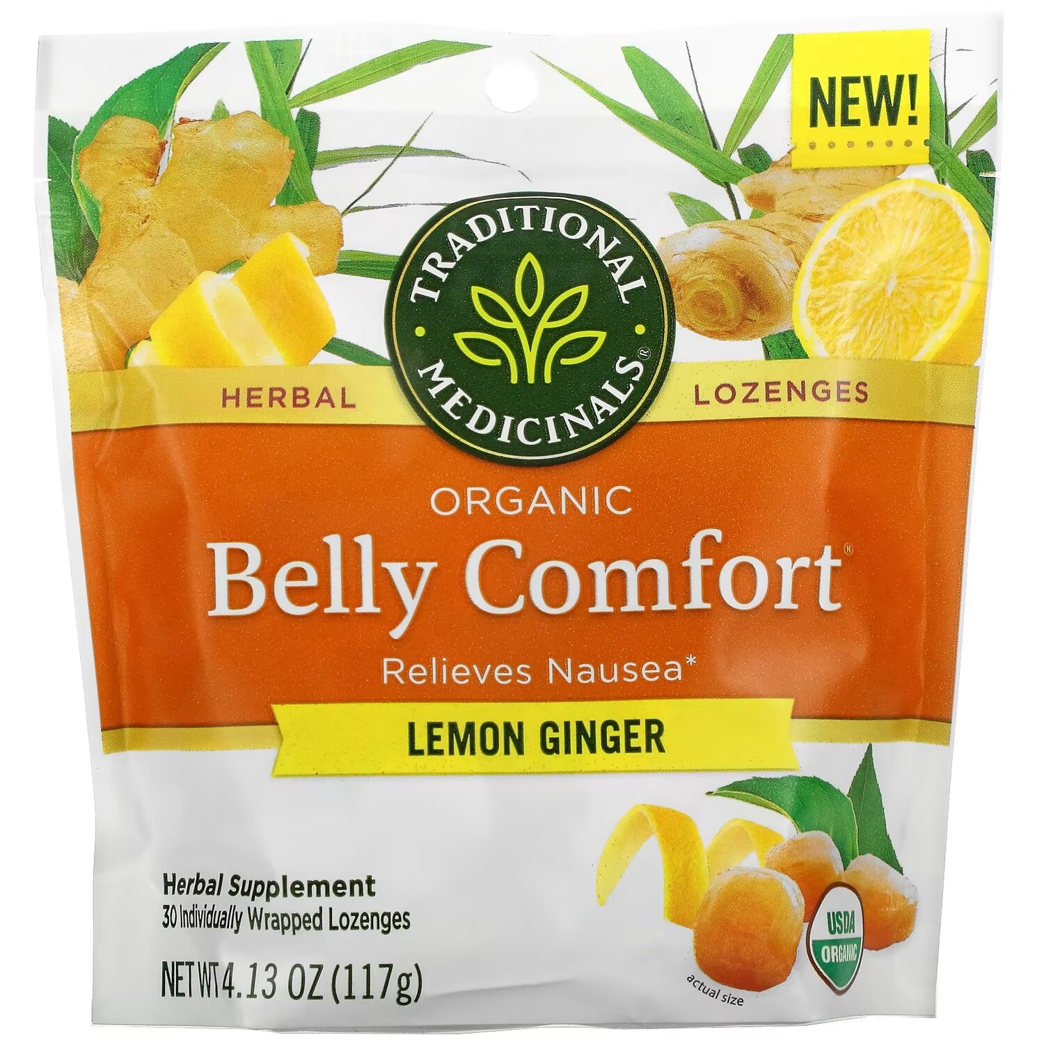 

Растительные Добавки Traditional Medicinals Organic Belly Comfort, лимон и имбирь, 30 леденцов