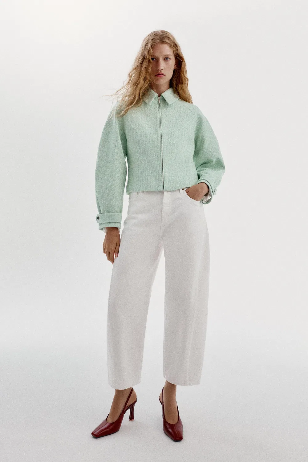 Текстурированная куртка на молнии ZARA, Ecru/Green