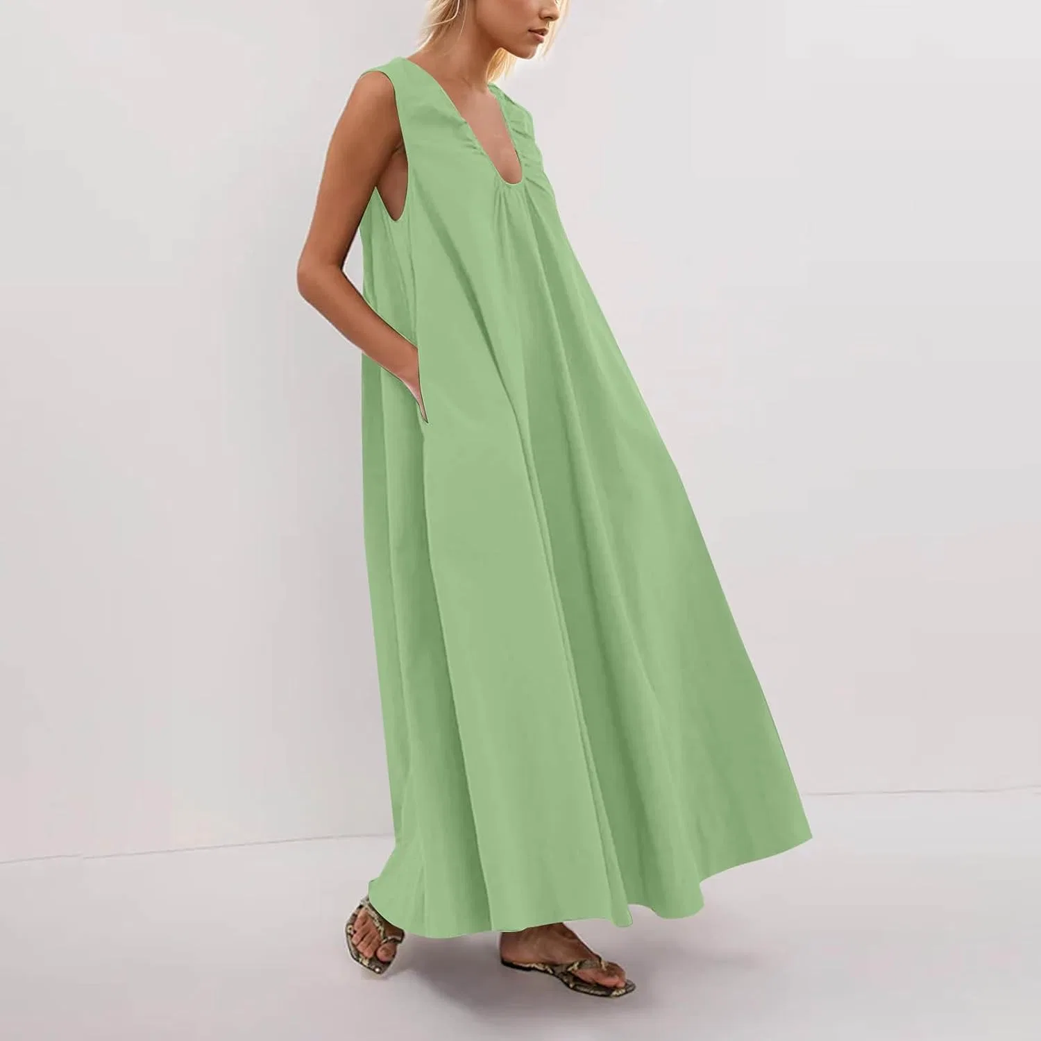 Женское повседневное макси-платье с запахом, Green — фото 2