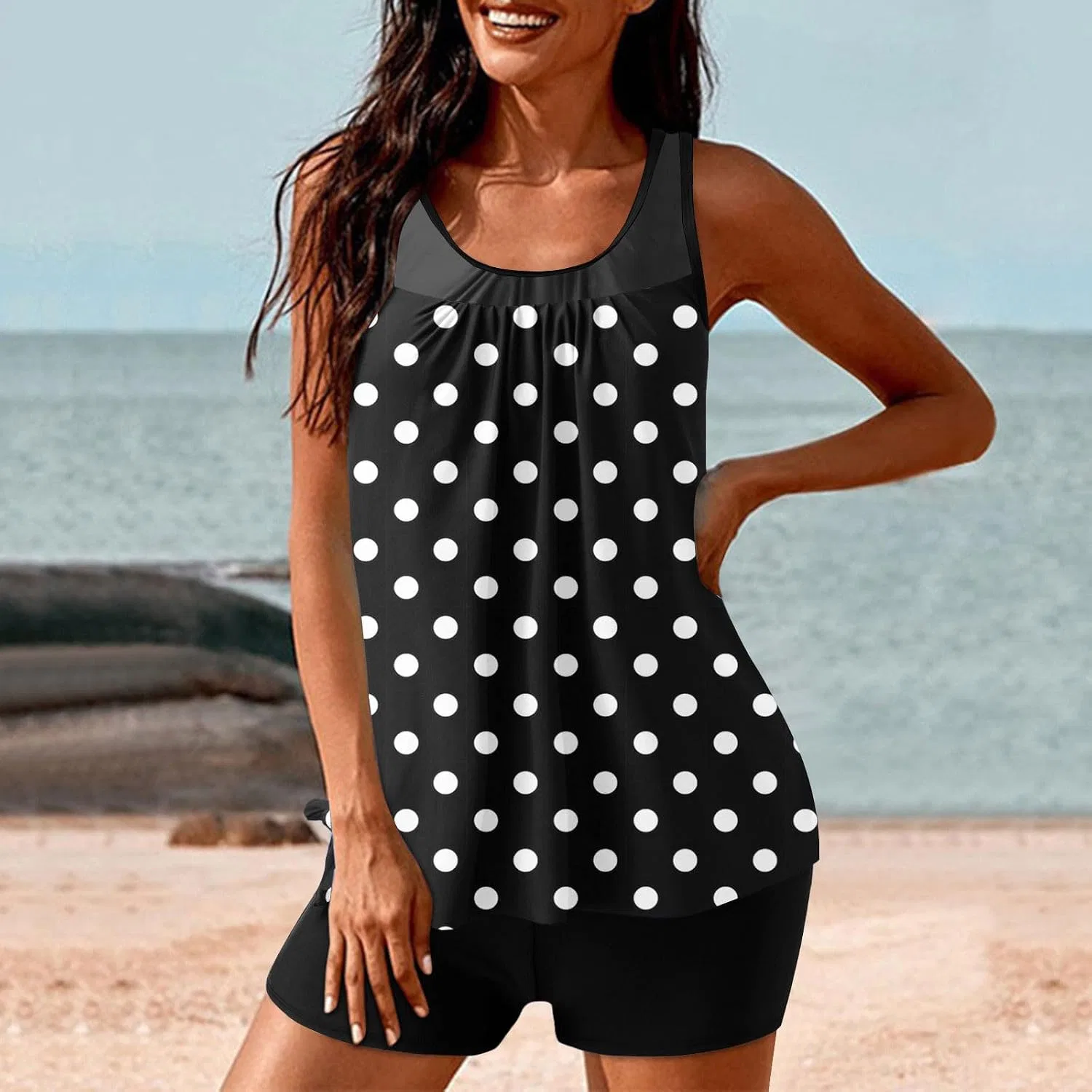 Женский танкини с горошком Push Up Padded, Black — фото 2