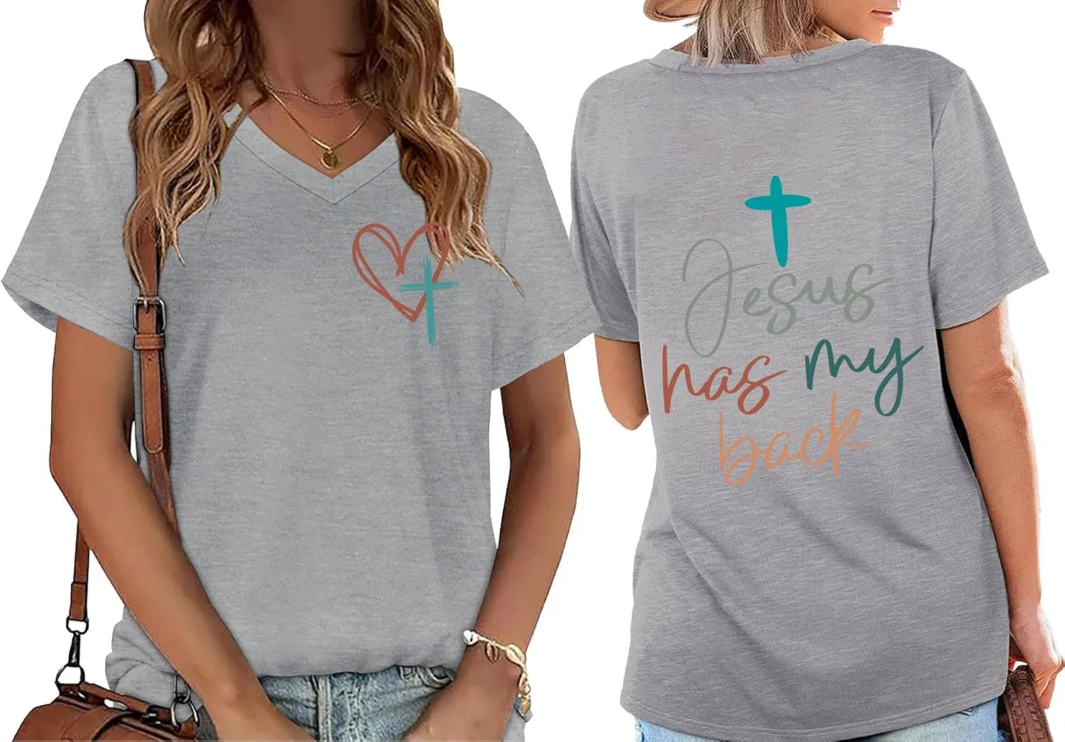Женская футболка с принтом Jesus Has My Back Regular Fit V-Neck, Grey
