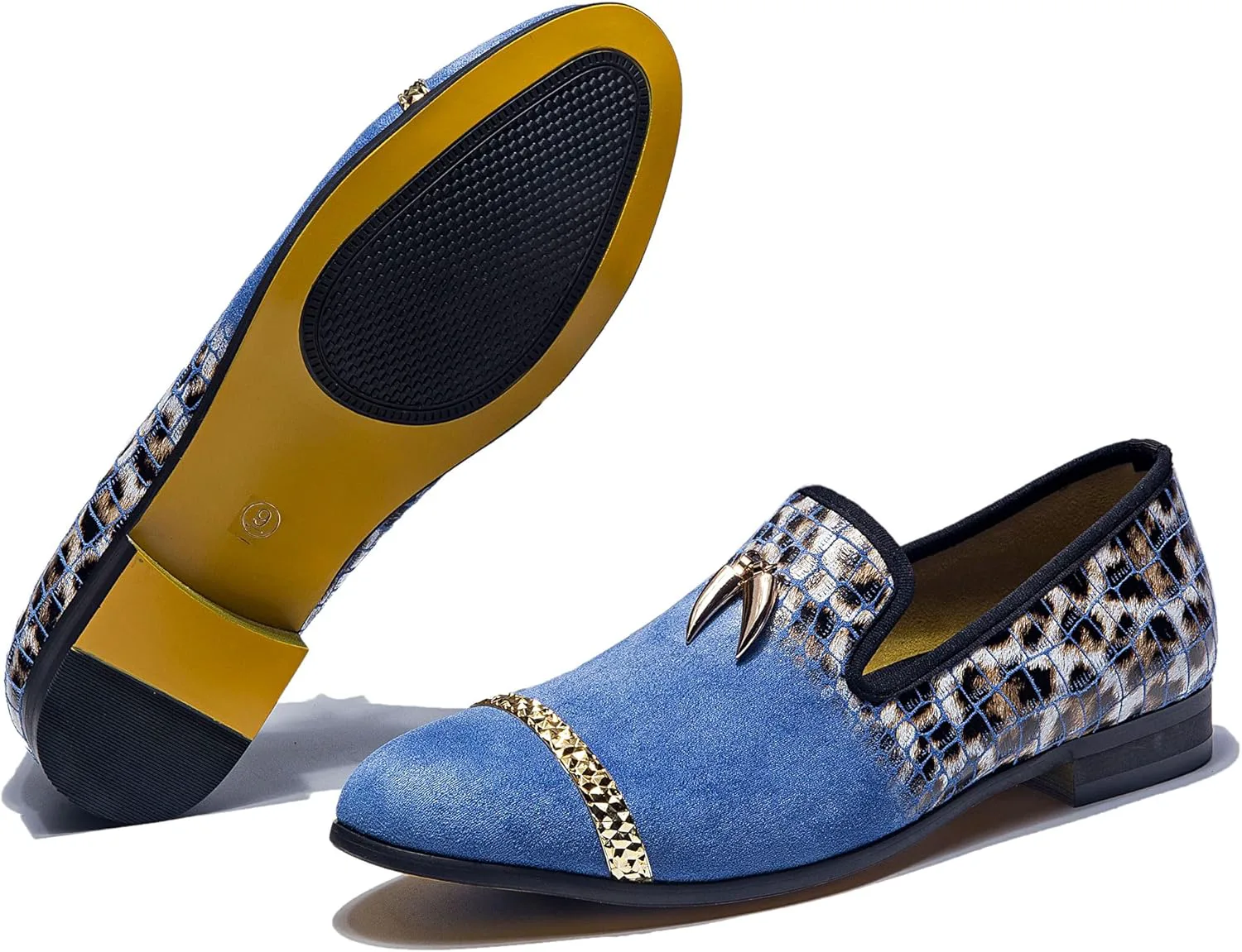 

Мужские лоферы с леопардовым принтом, кожаная вышивка, шипованные, без шнурков, праздничные туфли, роскошная модная обувь XQWFH, синий/леопардовый принт