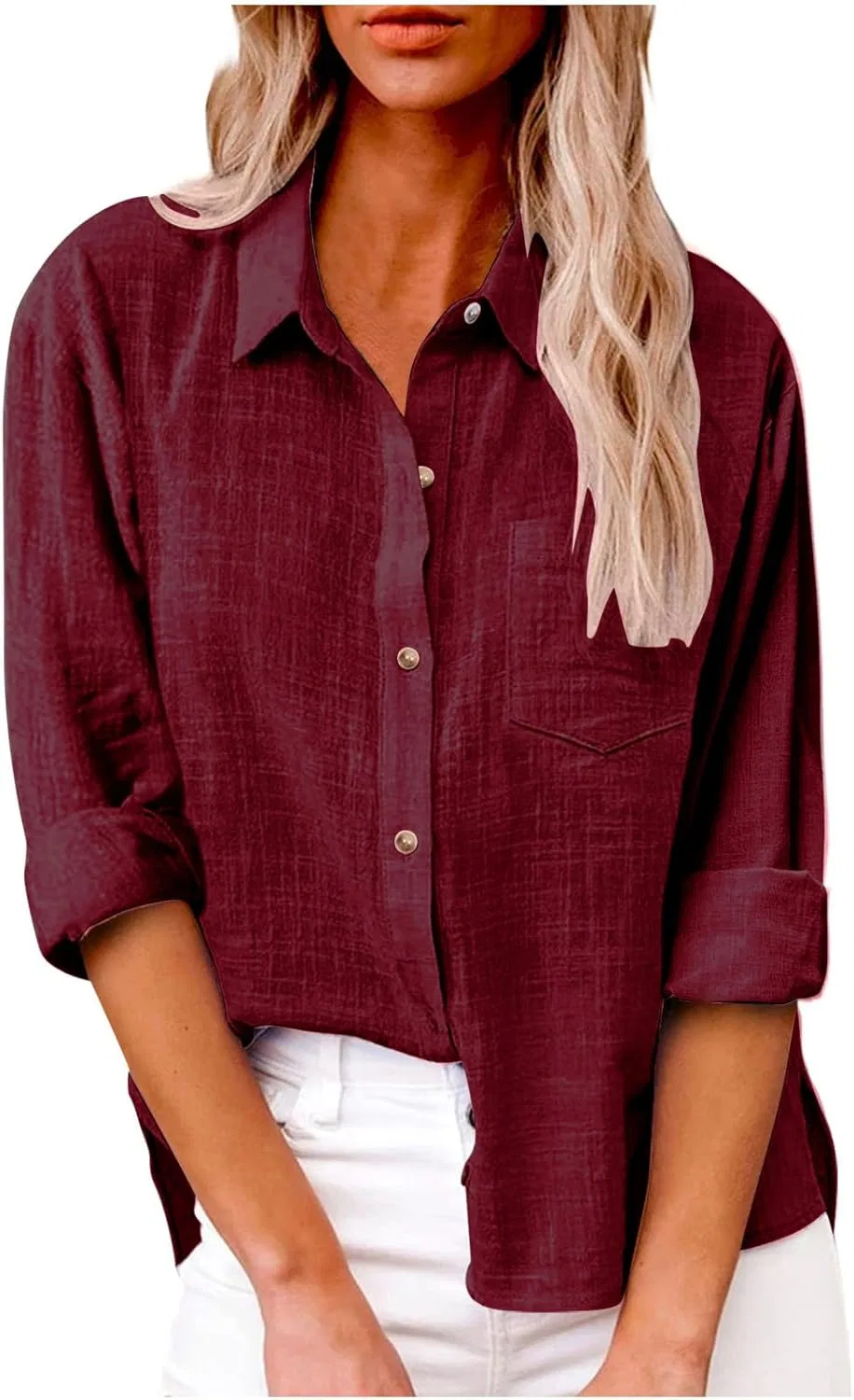 Женская льняная блуза с V-вырезом Long Sleeve Womens Linen Tops 3/4, Wine