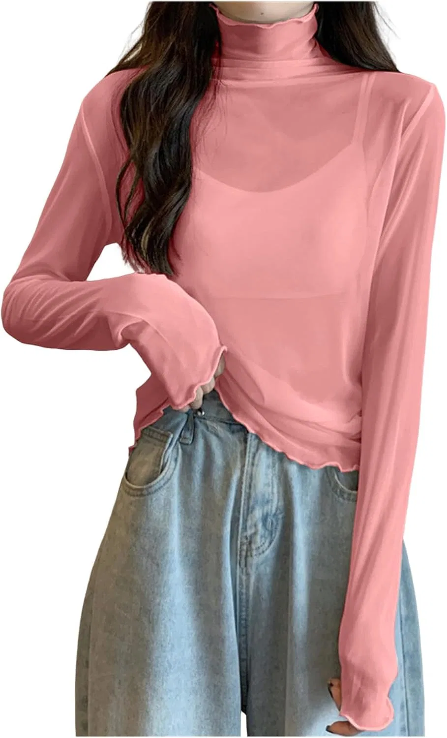 Блузка с кружевом, полупрозрачная с высоким воротником, светло-розовый
