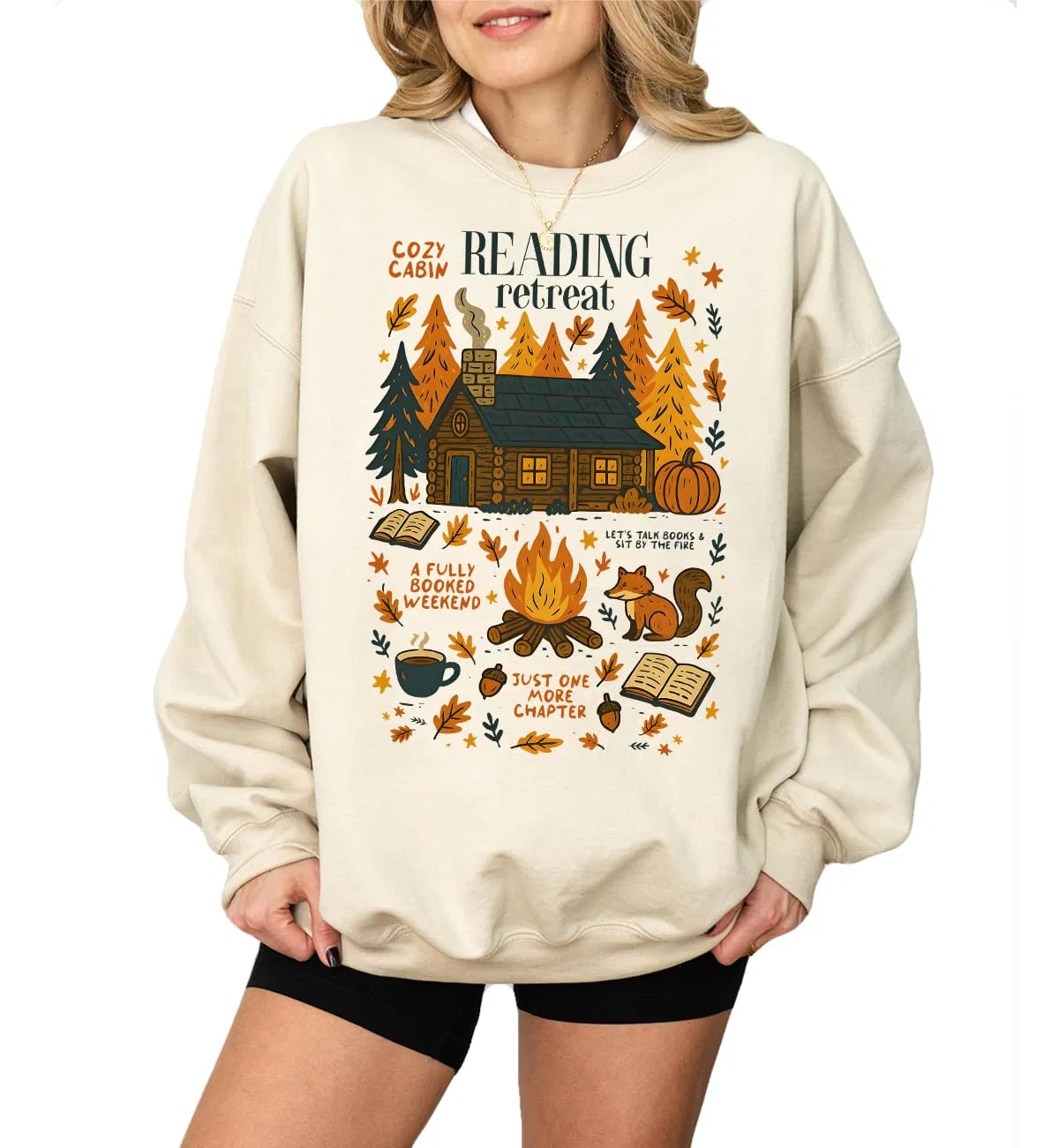 Женский свитшот с принтом Cozy Cabin Reading Retreat, White — фото 2