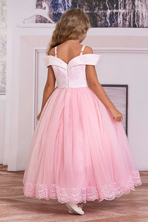 Детское платье для девочек с открытыми плечами Süslü Pink Kids, Pink — фото 4