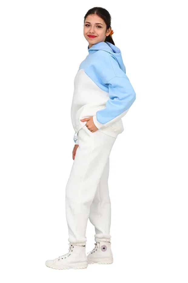 Детский спортивный костюм для девочек из футера с капюшоном Erdem Kids, Ecru-Blue — фото 2