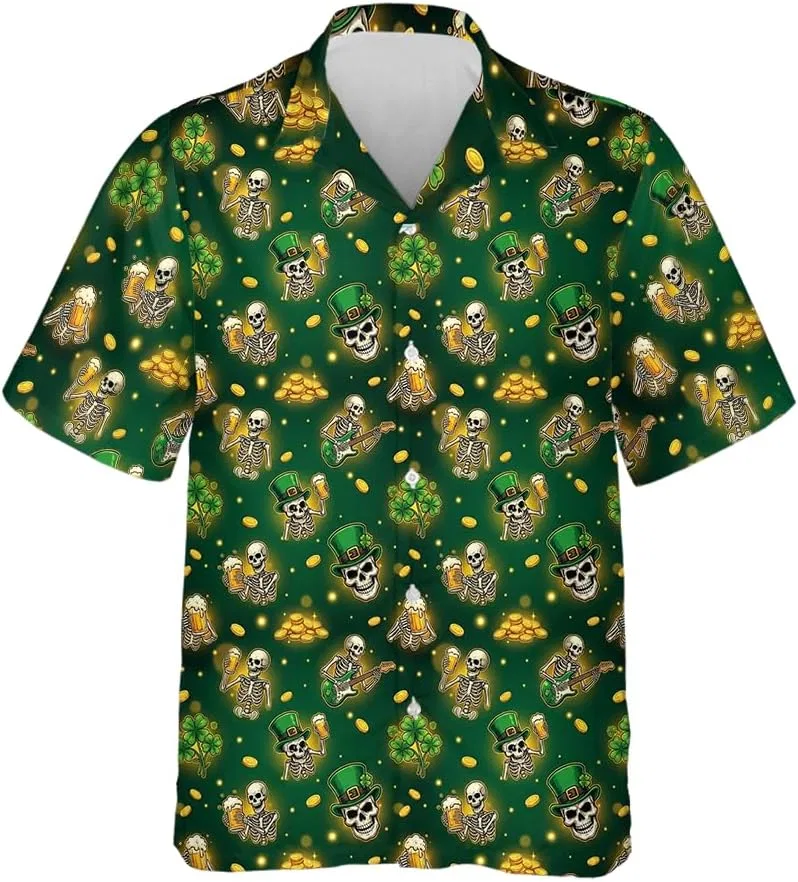 Мужская гавайская рубашка с коротким рукавом Skull Patricks Day, Ptday_5