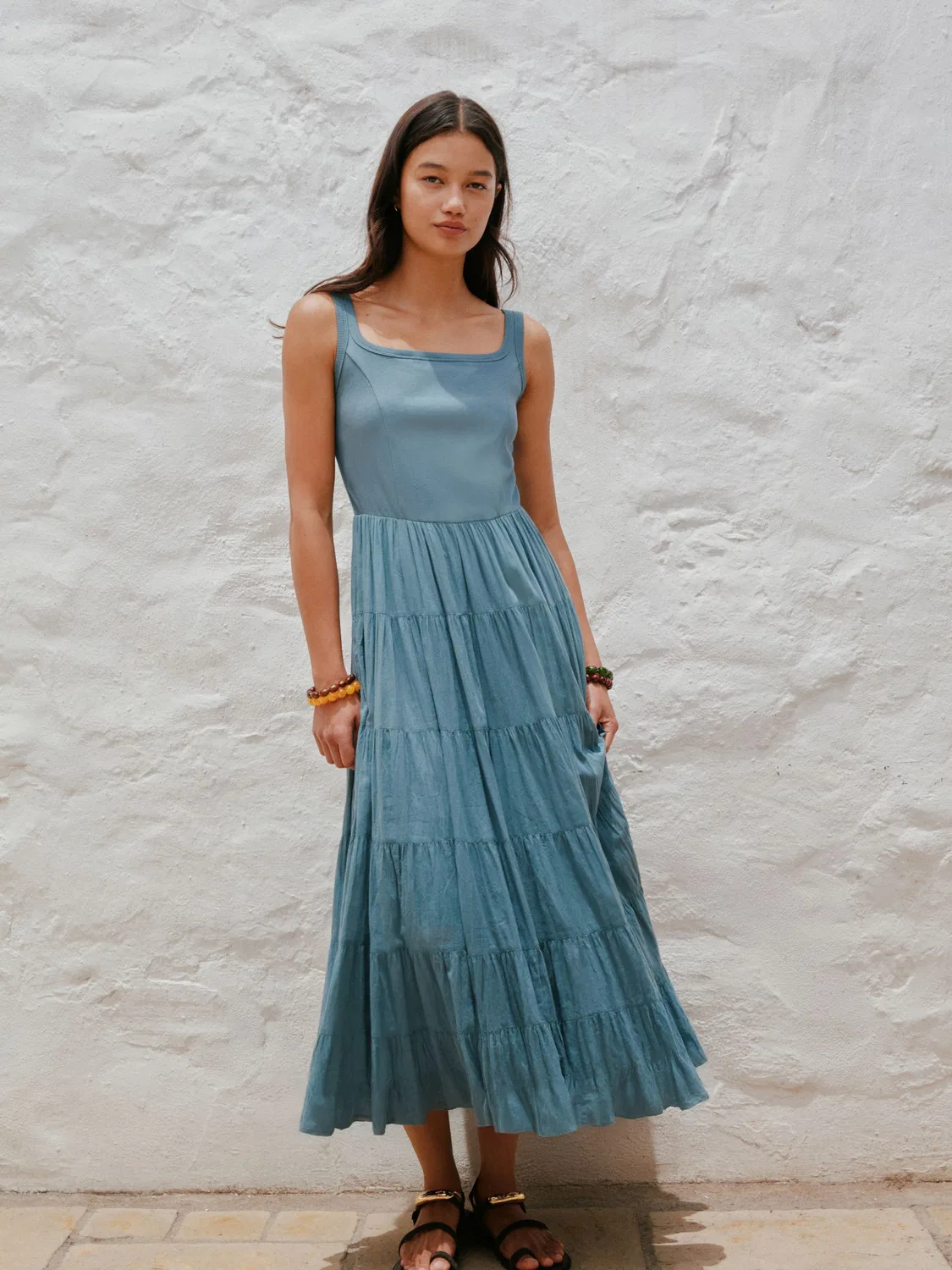 Платье миди с квадратным вырезом, ribbed, Washed Blue Next