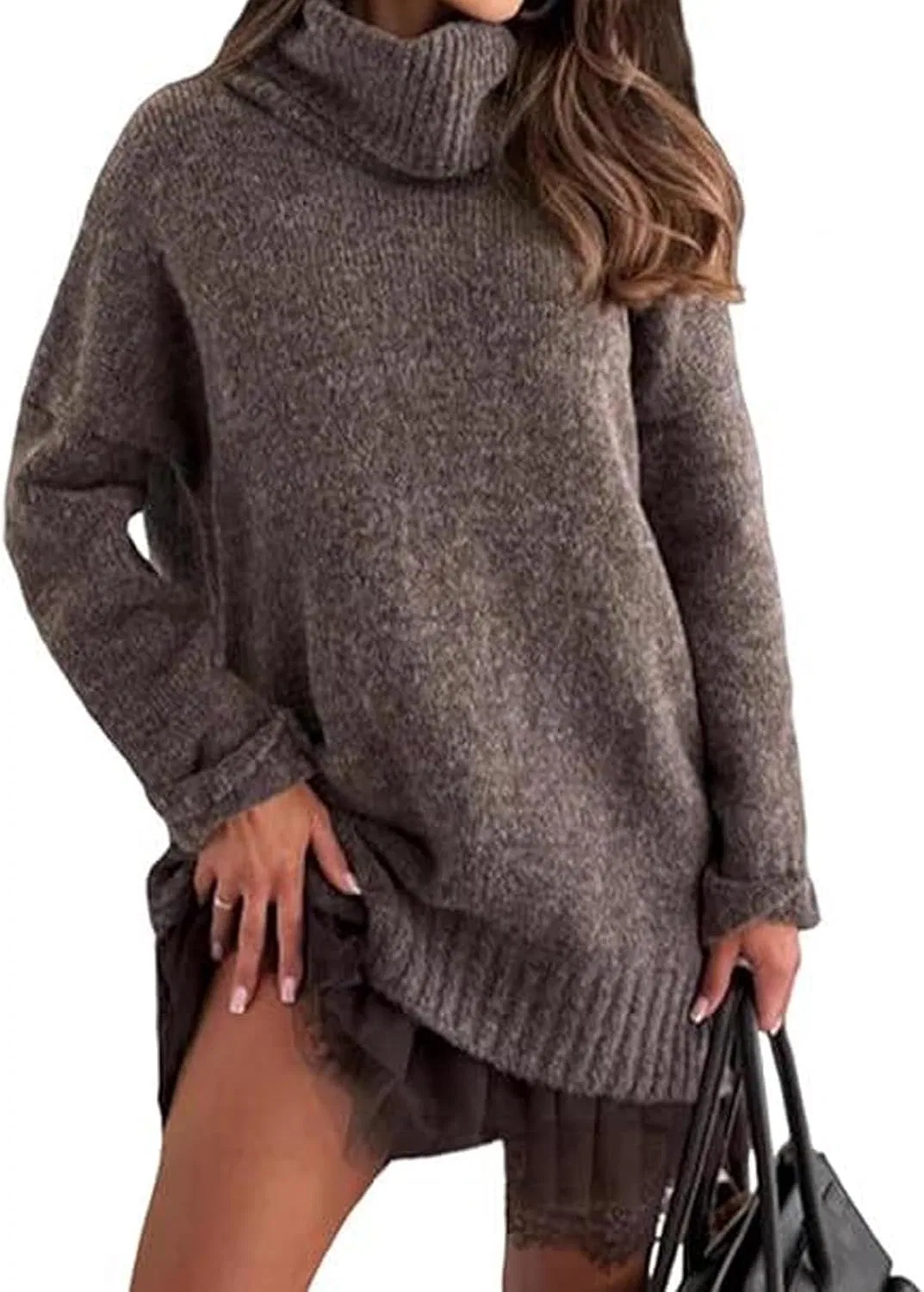 Женский комплект из свитера с водолазкой и мини-платья, двухслойный Casual, Dark Brown