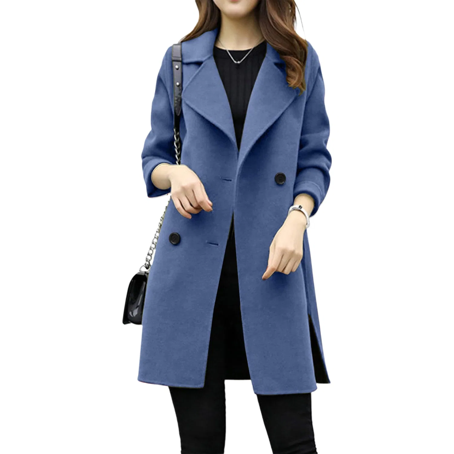 Женское зимнее пальто с двубортной застежкой и отложным воротником, blue navy